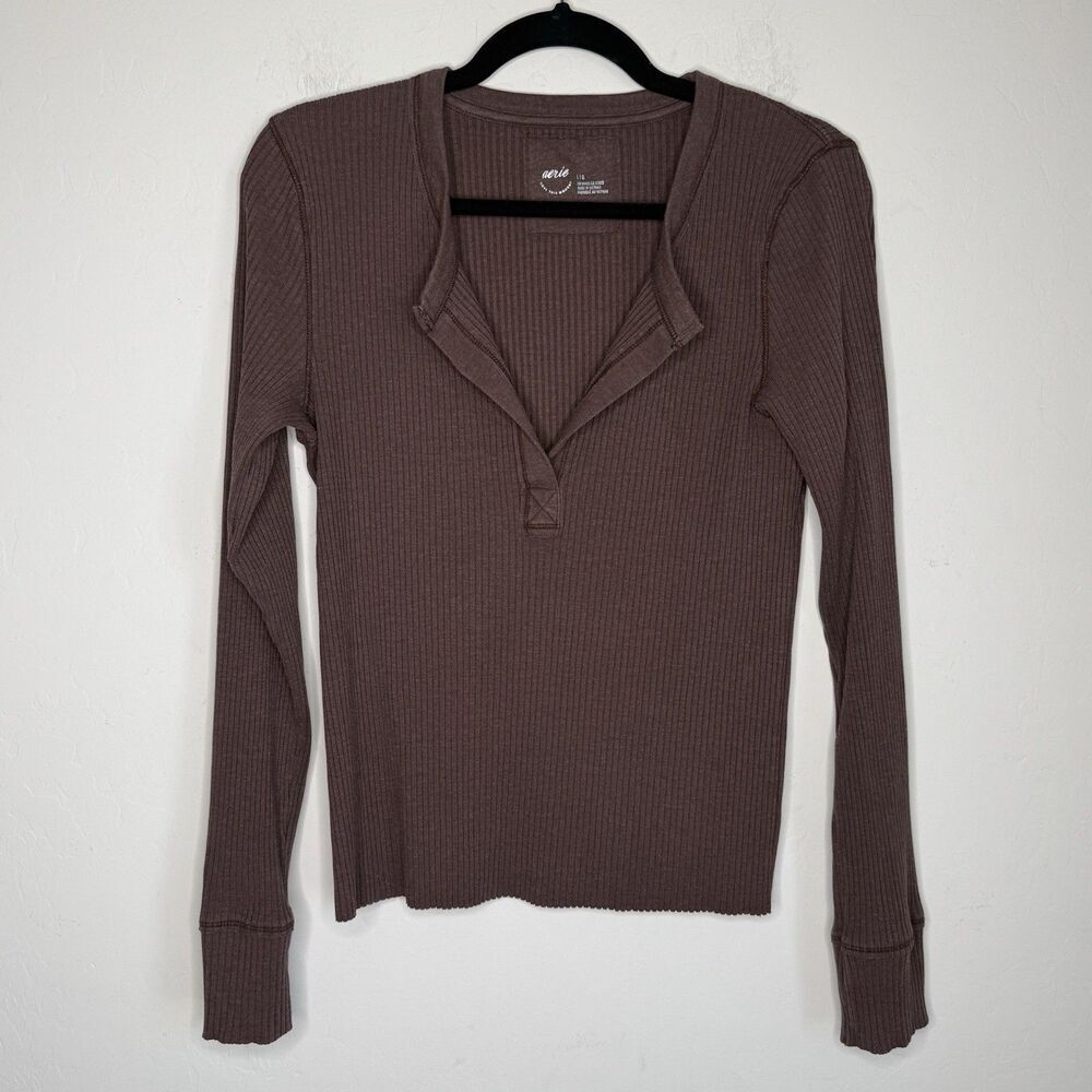 Aerie Womens Large Brown Ribbed Henley Long Sleeve Top 3136 Loungewear Cozy Girl